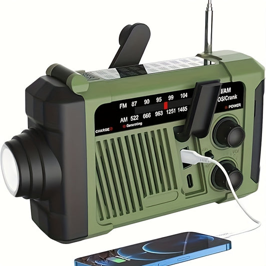 Radio portátil de emergencia con manivela y carga solar.