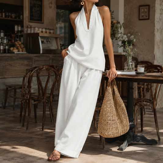 Elvira | Halter Neck Denim Top + Trousers Set