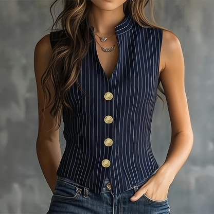 Anastasia | Blusa Vintage Listrada Sem Mangas Gola Alta