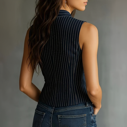 Anastasia | Blusa Vintage Listrada Sem Mangas Gola Alta