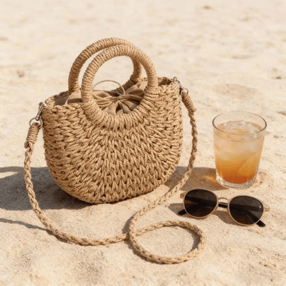 Vivienne | Braided Straw Half-Moon Crossbody Bag